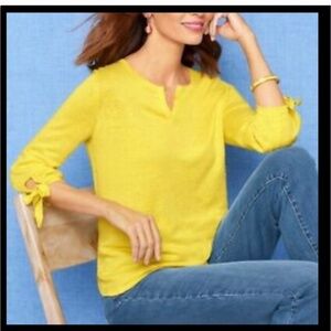 TALBOTS Yellow Linen V-neck Pullover 3/4 Tie Sleeve Top plus size 1X 14/16